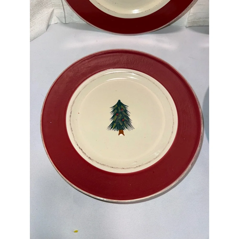 Pier 1 Rustic Tree Christmas Salad Plates Set 4 Red Rim Hand Painted Stoneware